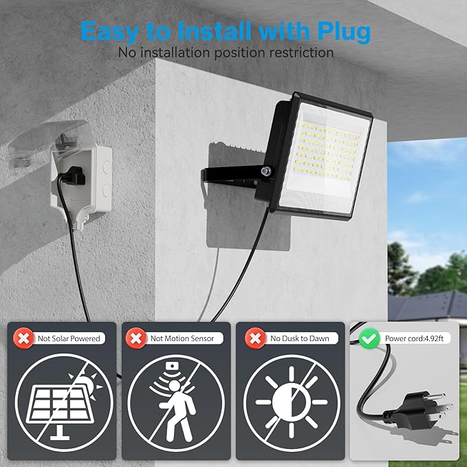 Olafus 2 Pack 130W LED Flood Light Outdoor, 13000lm LED Work Light with Plug, IP66 Waterproof Exterior Security Lights, 6500K Daylight White Outside Floodlights for Playground Yard Stadium Lawn