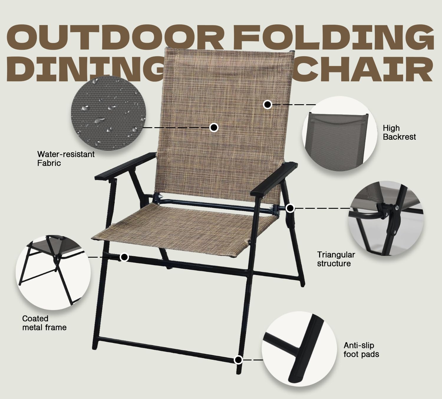 Patio Folding Chairs Set of 2, No Assembly Outdoor Dining Chair, Folding Lawn Chairs with Armrest, Only 8.7 Lbs, Lightweight & Portable for Porch Lawn Garden Pool Beach Yard Lounge, Brown