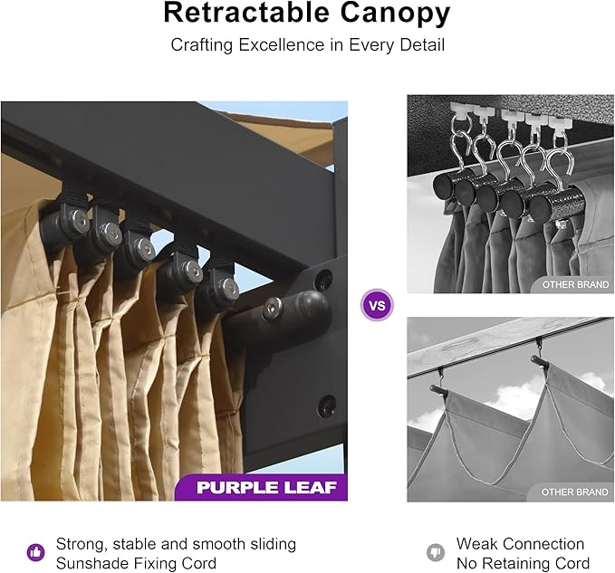 PURPLE LEAF 10' x 10' Aluminum Outdoor Pergola Wind-Resistant Retractable Pergola with Double Sun Shade Canopy Heavy-Duty Metal Pergola for Patios Backyard Deck Garden, Khaki