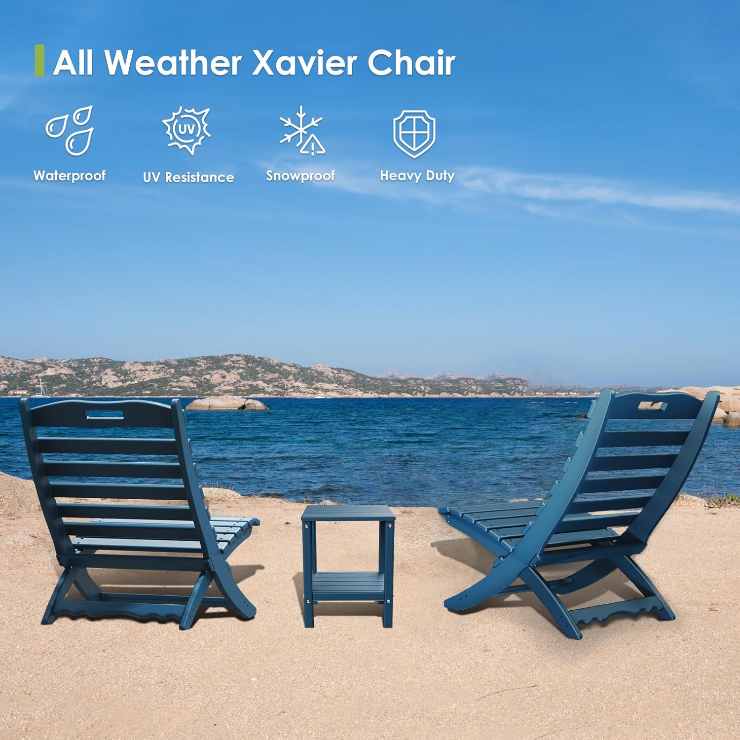 GREENVINES Folding-Xavier-Adirondack-Chairs Set of 2, HDPE Plastic, Blue | No Assembly Needed | Portable | All Weather | Low Maintenance for Fire Pit Outdoor Poolside In-pool Patio Deck | Wave