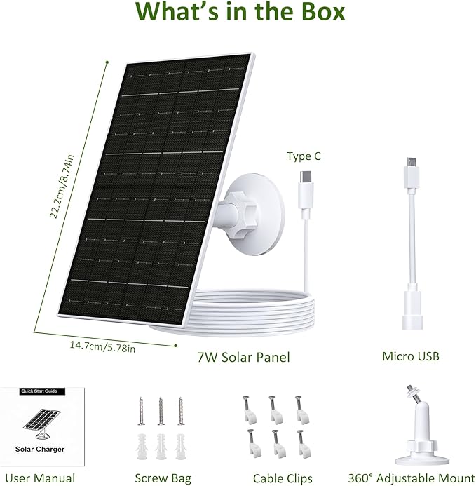 Zivif 7W Solar Panel for Arlo Essential 2K (2nd Gen), Essential XL & Spotlight Cameras, USB-C to Micro USB Charger for 5V Battery Cameras, IP66 Waterproof, 360° Adjustable Mount, 9.8ft Cable