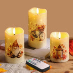 Fall Fiber Optic Flameless Pillar Candles with Remote Set of 3 | Pumpkin Maple Leaf LED Candles Flickering, 3 AA Battery Operated, Harvest Autumn Home Table Shelf Decor