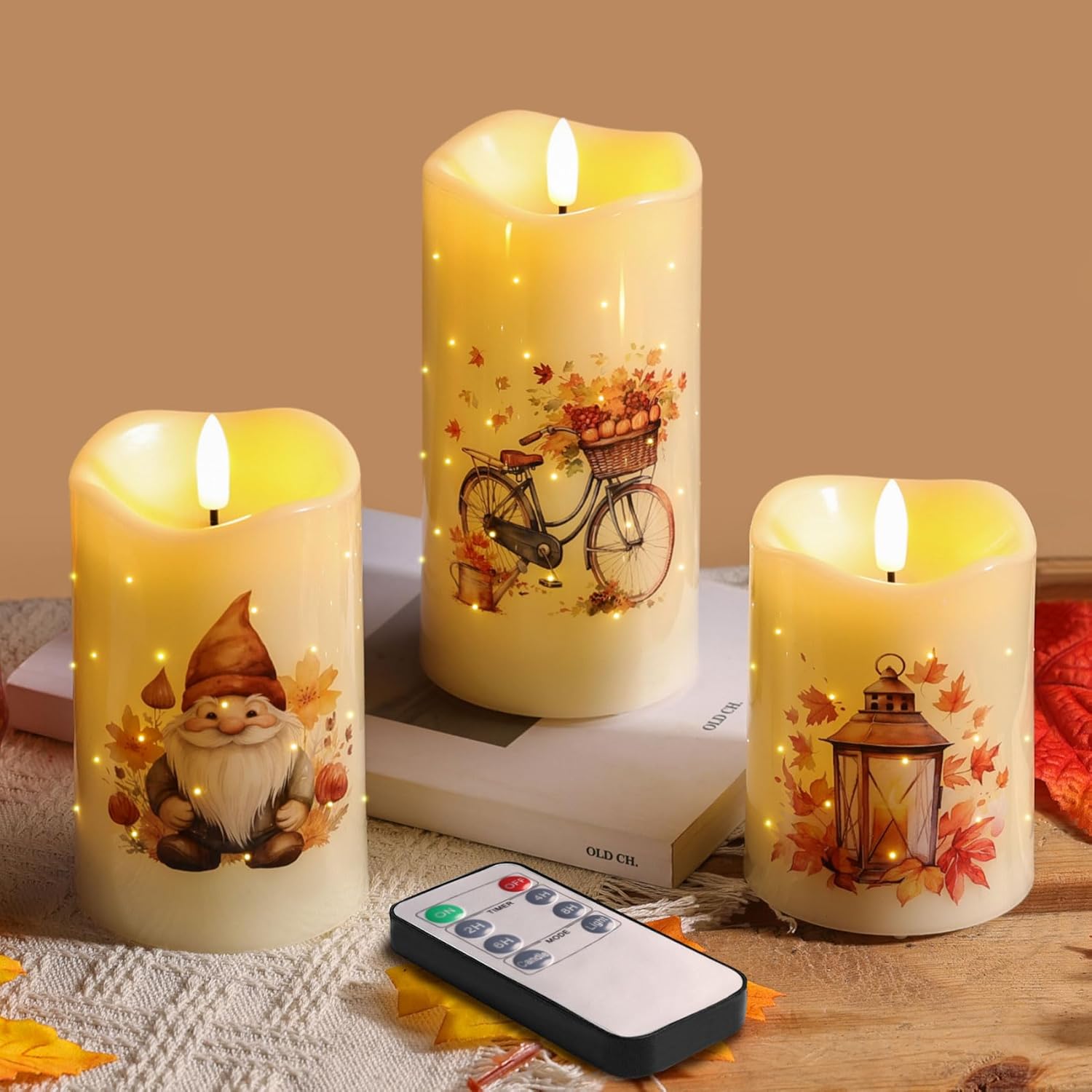Fall Fiber Optic Flameless Pillar Candles with Remote Set of 3 | Pumpkin Maple Leaf LED Candles Flickering, 3 AA Battery Operated, Harvest Autumn Home Table Shelf Decor