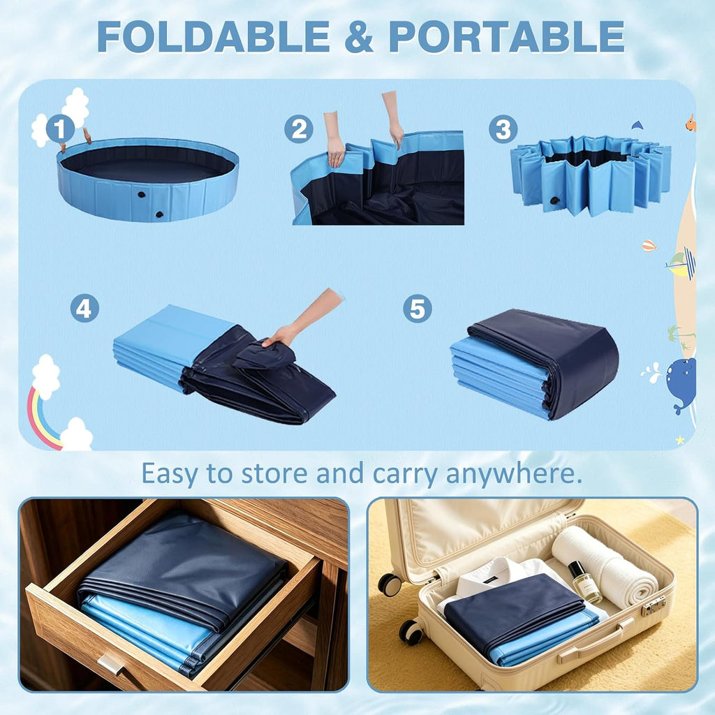 Eooqi Foldable Dog Pool with Sprinkler, Extra Large Thickened Splash Pool | 2-in-1 Outdoor Summer Water Play Toy, Non-Slip Hard-Side Kiddie Pool for Backyard Dogs, Kids & Pets (Blue, 87"-5XL)