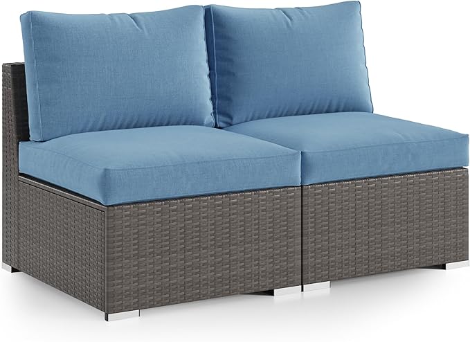 Wisteria Lane 2 Piece Patio Armless Sofa, Outdoor Wicker Sectional Furniture with Cushion, Additional Loveseats for Garden Backyard, Blue