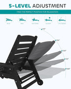 SERWALL Patio Chaise Lounge Chair Set of 4, 5 Positions Adjustable Poly Outdoor Lounger for Pool, HDPE Lounge Chair with Rolling Wheels & Cup Holder for Poolside, Deck, Obsidian Black