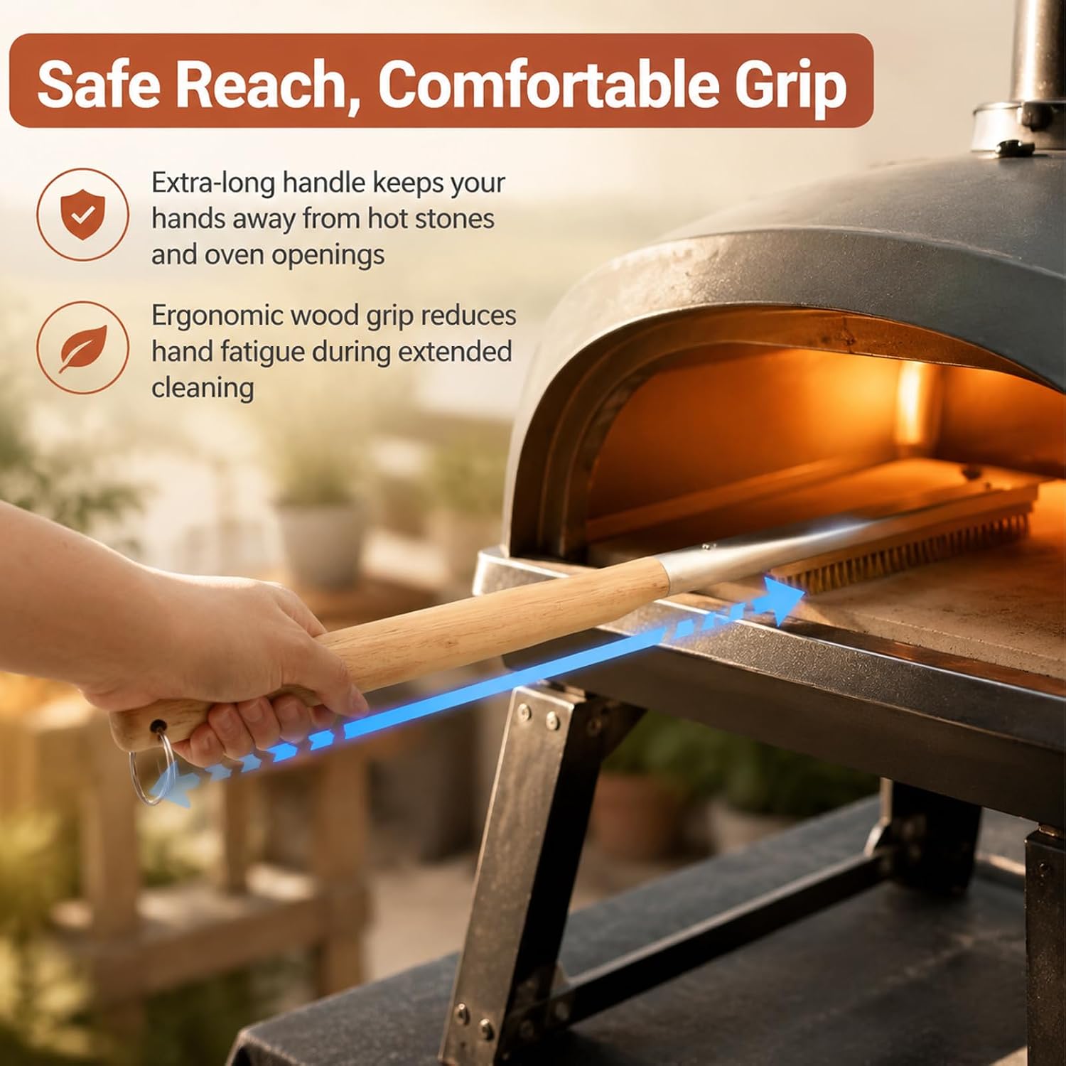 21'' Pizza Oven Brush with Stainless Steel Stone Scraper | Heat Resistant Brass Bristles, Pizza Stone Brush Compatible with Ooni, Gozney, & Similar Ovens, Includes Spare Head