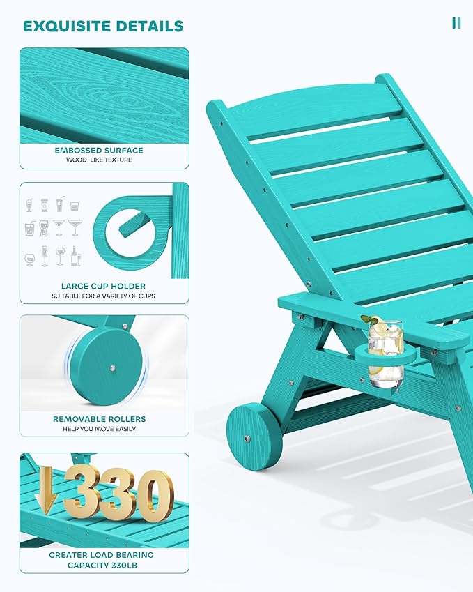 SERWALL Patio Chaise Lounge Chair Set of 2, 78'' Long 5-Positions Adjustable HDPE Outdoor Lounger for Pool, Poly Lounge Chair with Rolling Wheels & Cup Holder for Poolside, Deck, Aqua Blue
