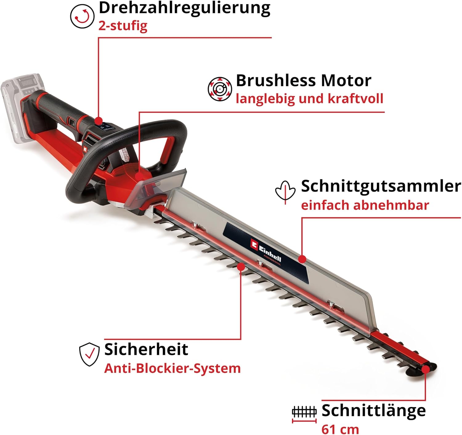 Einhell Professional Cordless Hedge Trimmer GP-CH 18/61 Li BL-Solo | PXC | 18V | Brushless | 24" Cutting Length | Anti-Lock System | Quiver | Without Battery