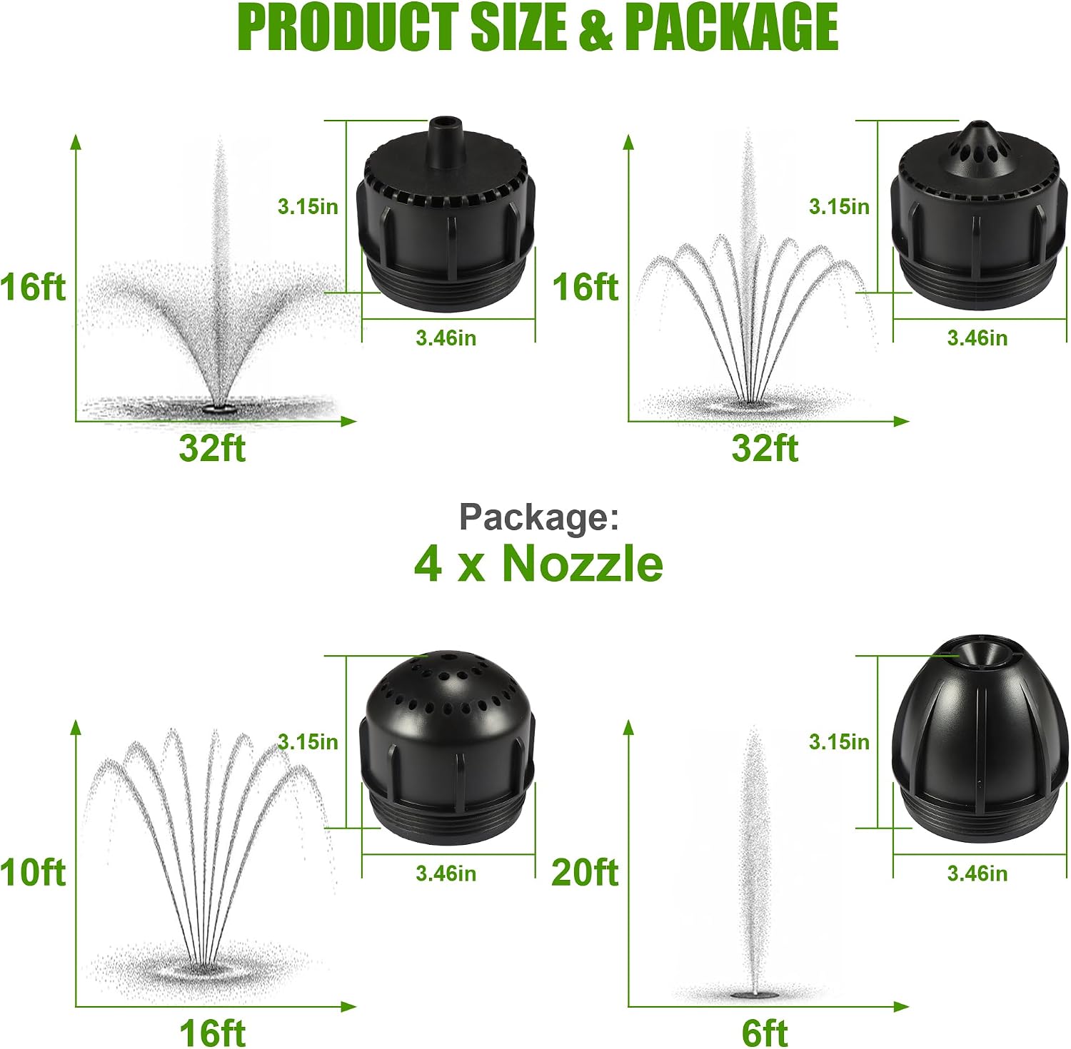 Goldlife Pond Fountain Aerator Nozzle - N3 Nozzle Kit, 4-in-1 Unique Water Flow Modes, Black ABS Water Spray Sprinkler Head, Replacement Fountain Aerator Pump Nozzle for Garden Pond Lake