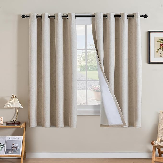 H.VERSAILTEX Linen Curtains 100% Blackout Curtains for Bedroom 54 inch Long Full Light Blocking Nature Linen Blended Window Curtains for Living Room Nickel Grommet (2 Panels, Heathered Natural)