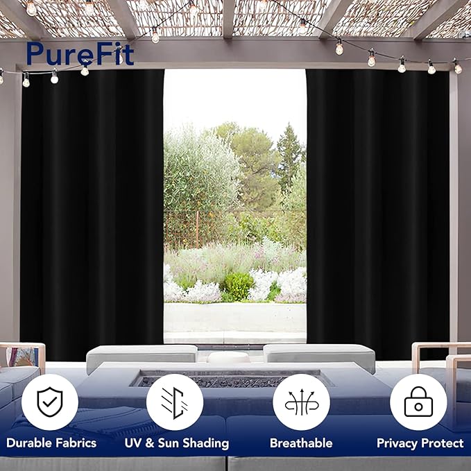 PureFit Outdoor Curtains for Patio Waterproof Weatherproof, UV Resistant Outside Curtains for Gazebo, Front Porch, Pergola, Sun Blocking Privacy Curtain, 52W x 120L inch, 1 Panel, Black