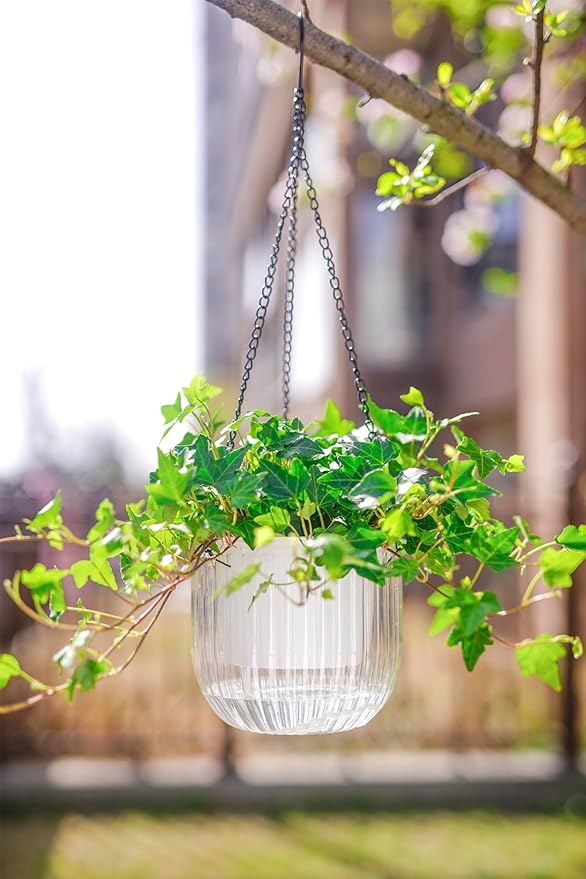Melphoe 2 Pack Self Watering Hanging Planters Indoor Flower Pots, 6.5 Inch Outdoor Hanging Plant Pot Basket, Plant Hanger with 3Hooks Drainage Holes for Garden Home (Gray + White)