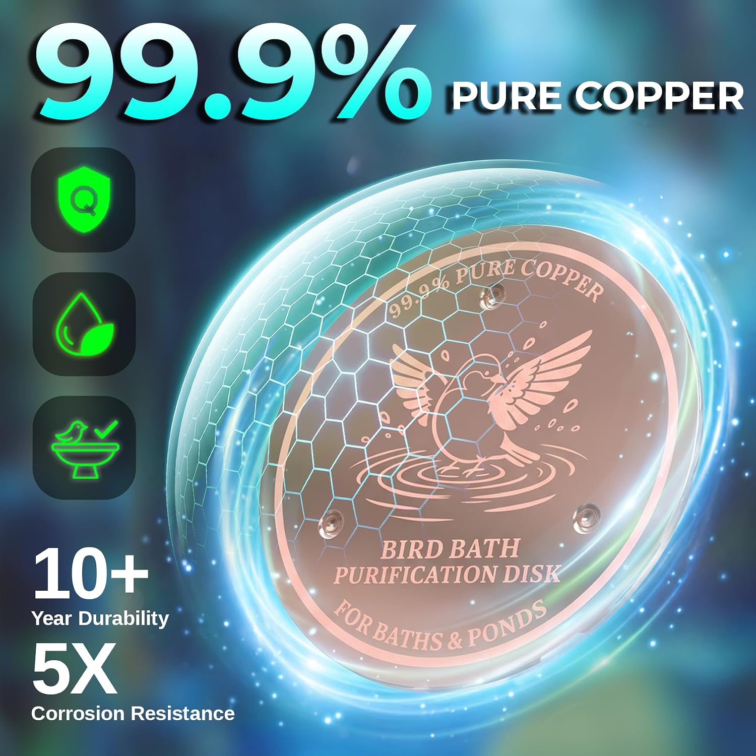 Bird Bath Copper Disk 99.9% Pure Copper Release Cu Clean Water Outdoor Disc | Diameter 4", 0.6mm Triple-Point, Release Boost Cu+, All-Season Purification, Outdoor Bowl Birdbath, Garden Backyard Disc