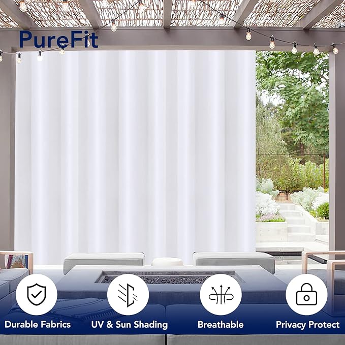 PureFit Outdoor Curtains for Patio Waterproof Weatherproof, UV and Fade Resistant Outside Curtains for Gazebo, Front Porch, Pergola, Sun Blocking Privacy Curtain, 120W x 95L inch, 1 Panel, White