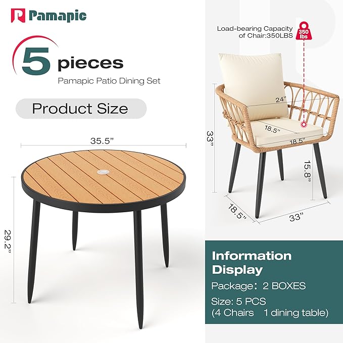Pamapic 5-Pieces Patio Dining Set with Wood Table Top, All-Weather PE Rattan Patio Furniture Set, Outdoor Dining Furniture with Removable Cushion Chairs & Round Table for Garden Lawn Patio,Cream