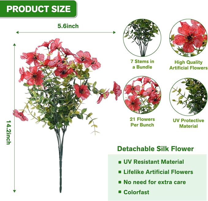 Artificial Flowers for Outdoor,Silk Flowers No Fade Fake Plastic Flowers UV Resistant Faux Plants for Outdoors Outside Front Porch Hanging Planter Window Box Garden Home Decoration,13 Pack(Red)