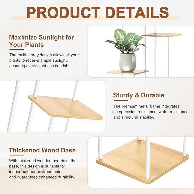 4 Tier Plant Stand Indoor Outdoor, Wood Metal Corner Shelf, Multiple Flower Pot Rack Holder Shelves, Planter Shelf Display Storage Organizer for Patio Living Room Balcony (White)