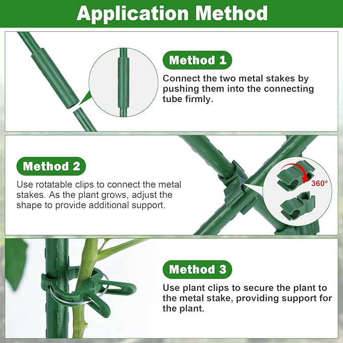 Garden Stakes 40 Pack, 16 Inch Plastic Coated Metal Tomato Stakes, DIY 4ft 5ft 6ft 7ft Plant Support Stakes with 28 Connectors 28 Rotatable Clips 28 Plant Clips for Indoor Outdoor Vegetables
