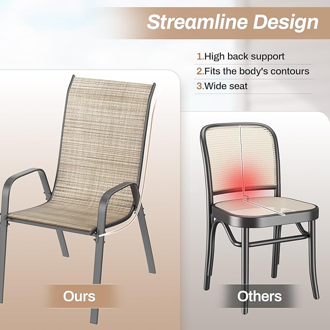 TLSUNNY Patio Chairs, Stackable Textilene Outdoor Dining Furniture for All Weather, with 17.7″ Wide Seat & Metal Frame, for Garden, Backyard, Deck, Restaurant, Poolside (6, Brown, 26.4″)