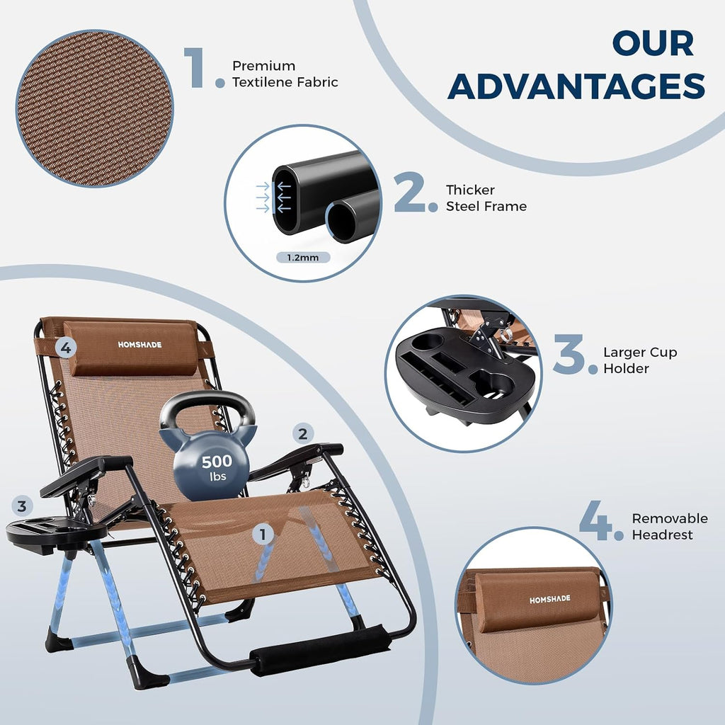 33 Inch XXL Oversized Zero Gravity Chair, Support 500 LBS, Brown | Heavy Duty Zero Gravity Lounge Chair Outdoor, Indoor Recliner Chairs w/Removable Cushion, Footrest, Headrest & Cup Holder
