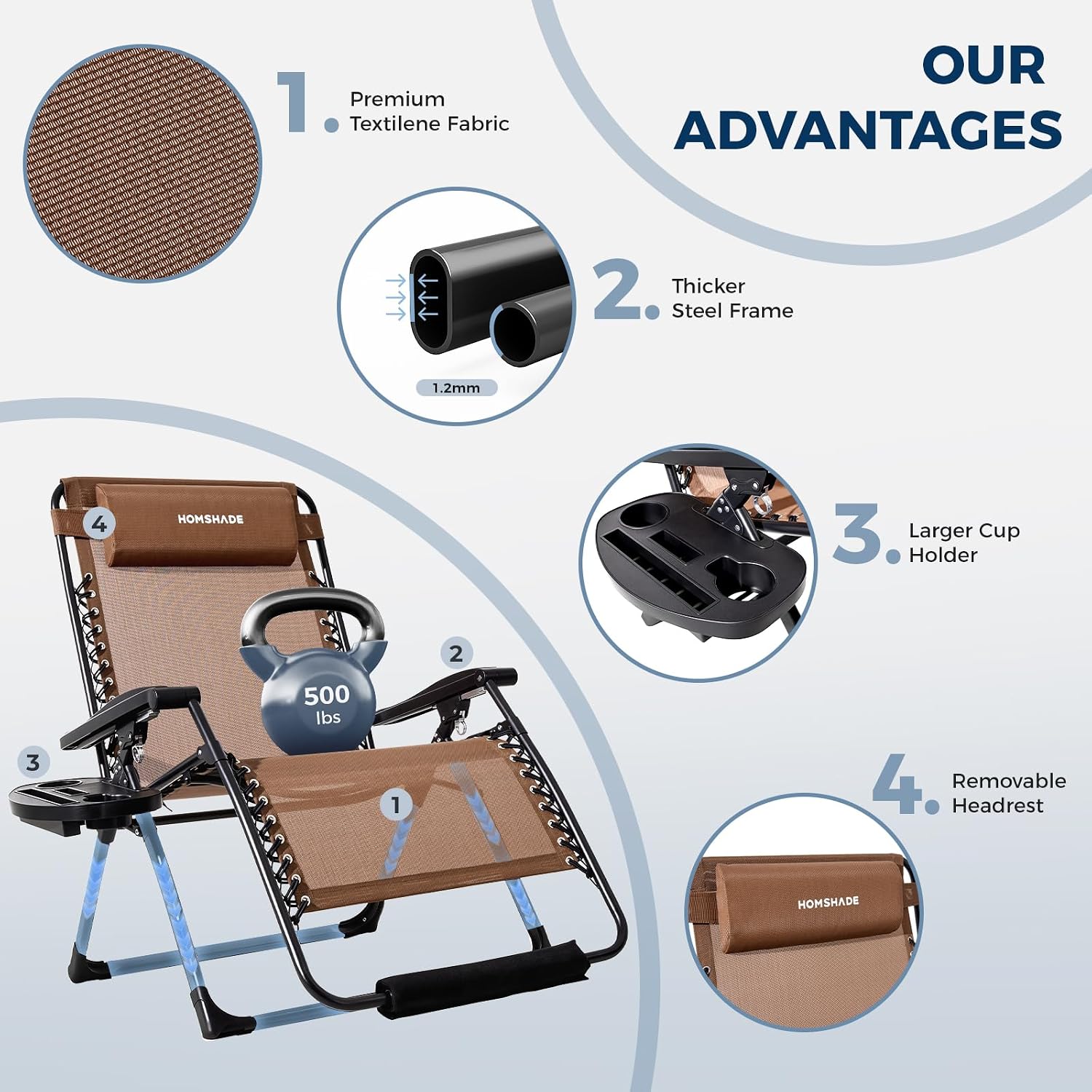 33 Inch XXL Oversized Zero Gravity Chair, Support 500 LBS, Brown | Heavy Duty Zero Gravity Lounge Chair Outdoor, Indoor Recliner Chairs w/Removable Cushion, Footrest, Headrest & Cup Holder