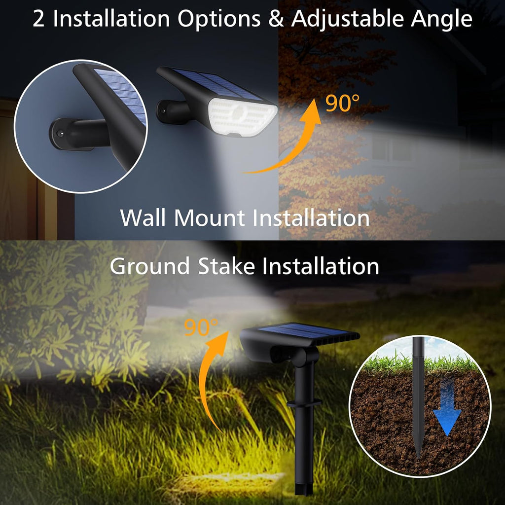 RUIKORING 73 LED Solar Spot Lights Outdoor Waterproof, Cool White, 1 Pack | Landscape Spotlight with 3 Lighting Modes, Dusk to Dawn Auto On/Off, 2-in-1 Wall & Ground Mount for Yard, Garden & Pathway