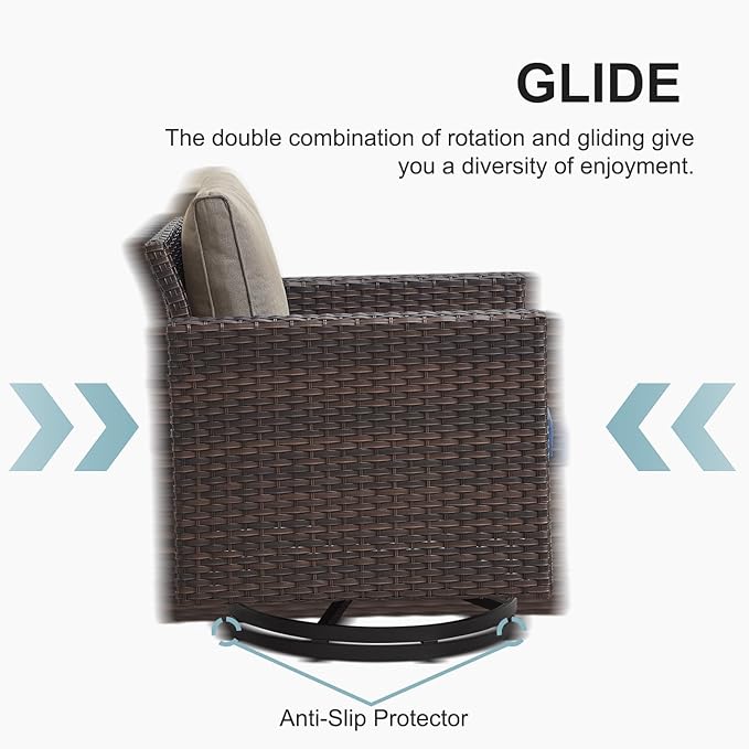 Belord Patio Conversation Set with Swivel Glider Chairs - 9 Piece Outdoor Sectional Furniture Set with Storage Box and Metal Top Table Brown Wicker/Gray Cushions