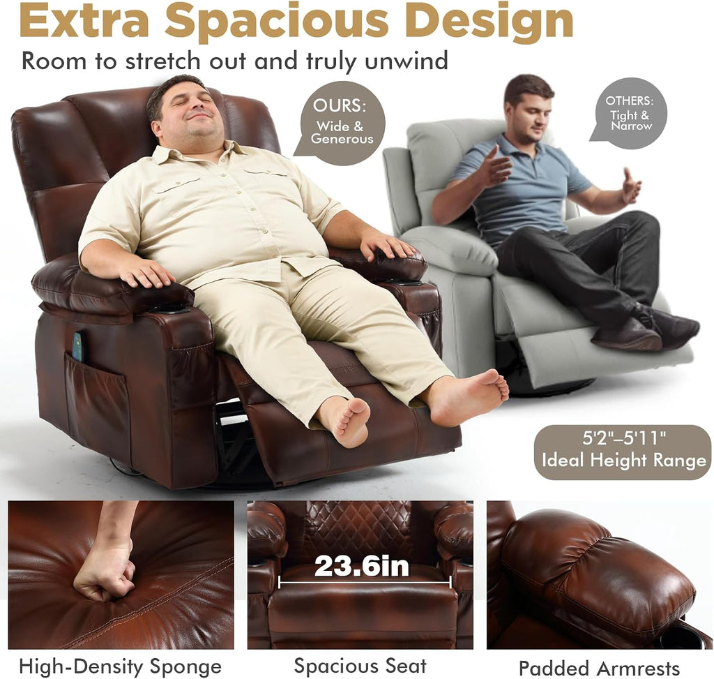 Oversized Swivel Rocking Recliner with Heat Massage Nursery Rocker | Overstuffed, Cup Holders, Nursery Glider, Rocking Reclining Lounge Chair, Swivel Heated Massaging Recliner, Faux Leather