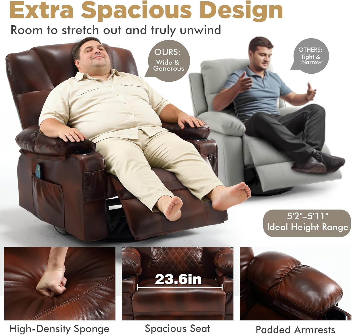 Oversized Swivel Rocking Recliner with Heat Massage Nursery Rocker | Overstuffed, Cup Holders, Nursery Glider, Rocking Reclining Lounge Chair, Swivel Heated Massaging Recliner, Faux Leather