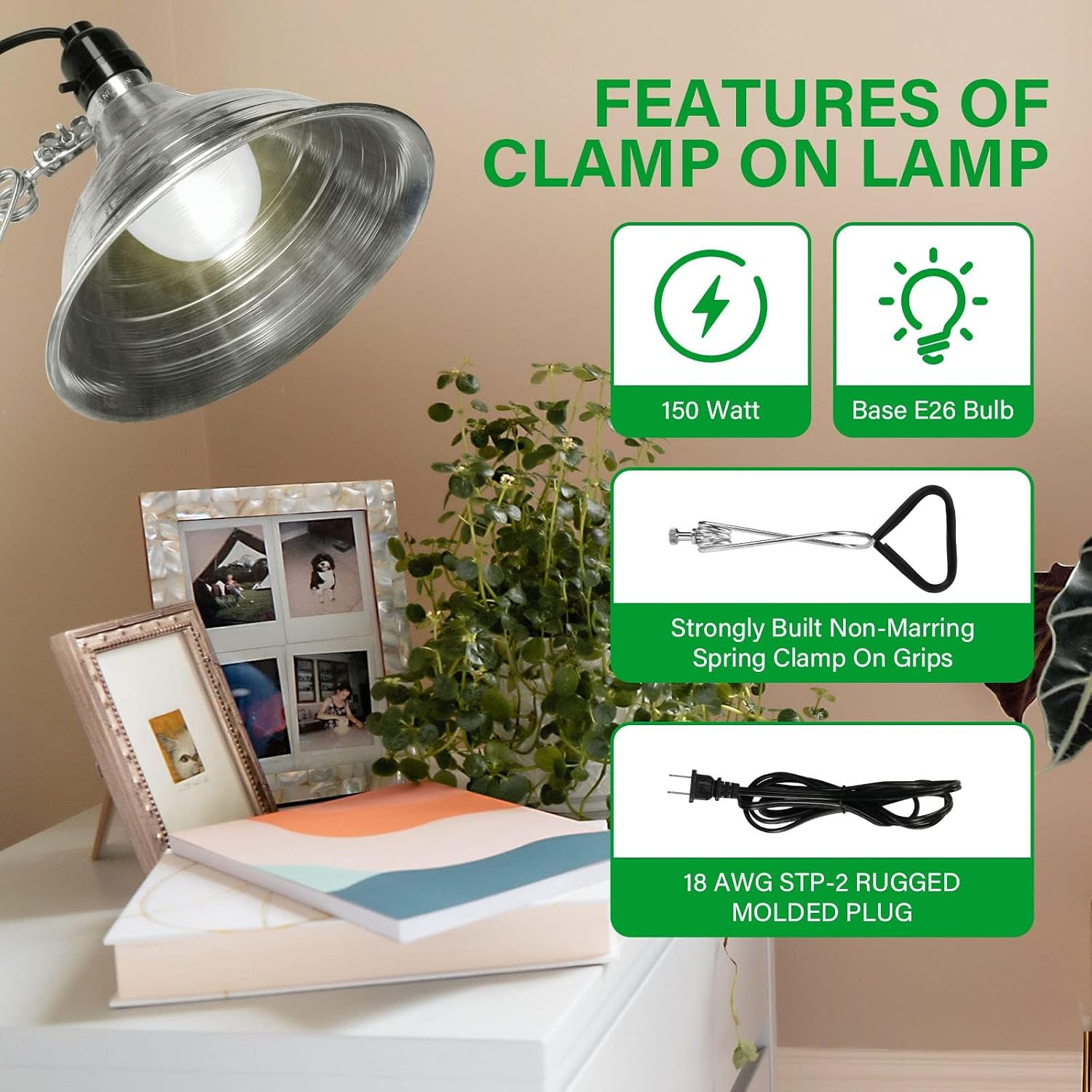 Simple Deluxe Clamp Light with 8.5 Inch Adjustable Aluminum Reflector, Suit for E26 Socket Max 150 Watt Lamp (No Bulb Included), 6 Feet 18/2 SPT-2 Cord, 2 Pack