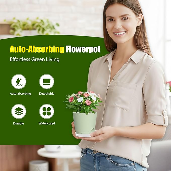 Plant Pots 4 Inch Self Watering Pots,6 Pack Plastic Planters with Drainage Holes and Clear Saucers,Plastic Flower Pots,Nursery Planting Pot for Indoor Out Door Plants (Green)