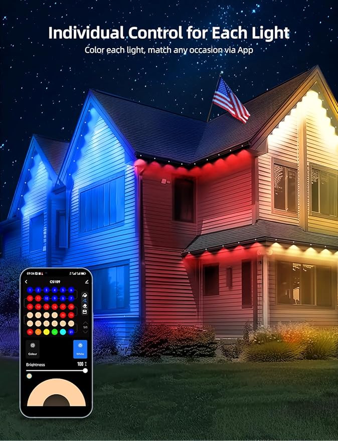 APPECK Permanent Outdoor Lights 100ft with 72 LEDs, DIY Scene Modes, Smart RGBW String Lights Waterproof, App/Remote Control for Christmas, Holiday, Alexa/Google Assistant Compatible, Black