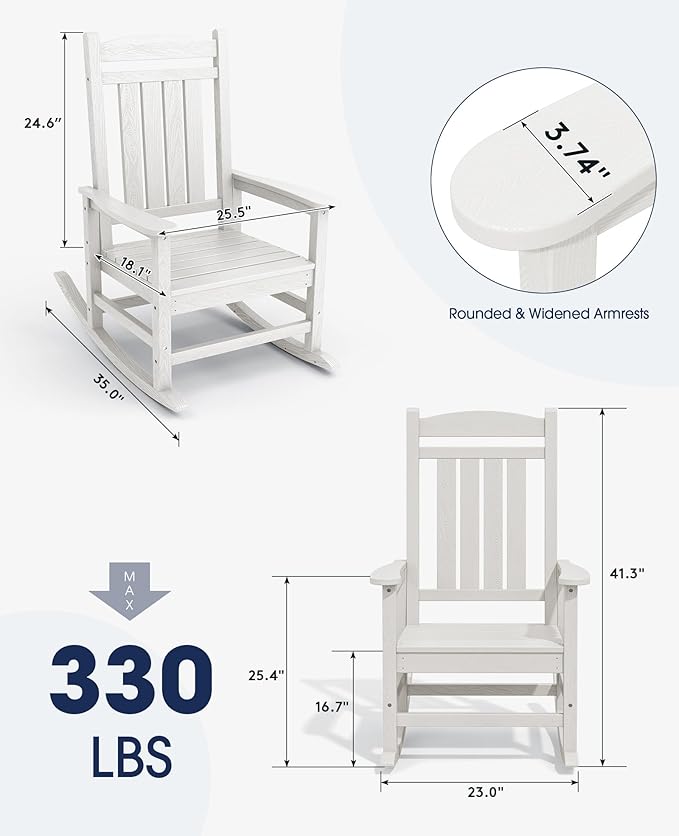 KINGYES HDPE Rocking Chairs Outdoor, Patio Rocking Chairs with 330lbs Support, Smooth Porch Rocker for Deck Lawn Yard, White