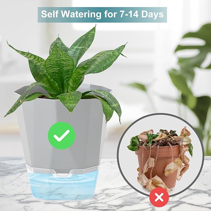 3 Pack Self Watering Planter Pots, 4.9 Inch African Violet Pots for Indoor Outdoor Windowsill Gardens, Plant Pot with Wick Rope and Reservoir
