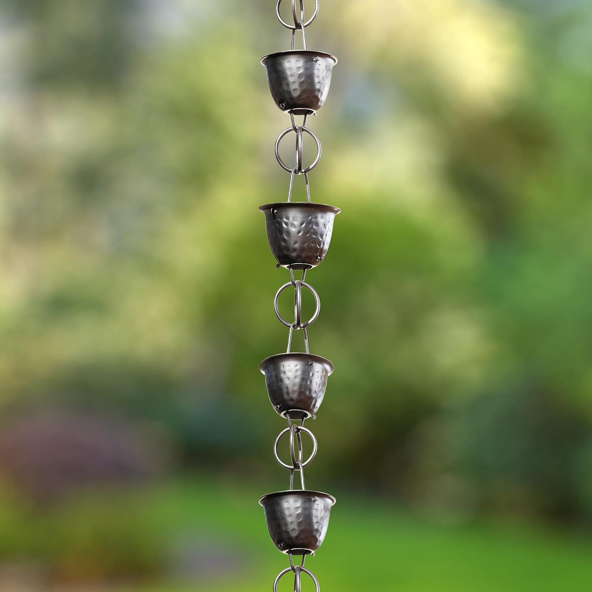 monarch rain chains aluminum hammered cup black rain, side view
