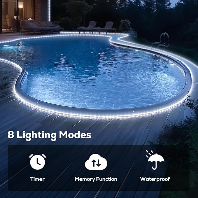50FT 360 LED Waterproof Rope Lights Outside with Remote, 8 Modes and 4 Brightness Tube Lights for Christmas, Bedroom, Patio, Garden, Indoor Outdoor Decoration (Cool White)