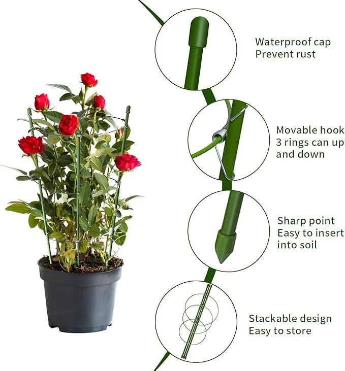 4 Pack Tomato Cage for Garden Plant Support, 24 inches Small Tomato Cages Tomato Trellis with Adjustable Rings, Plant Stakes for Peony Support, Tomato Stakes Rings for Climbing Plants