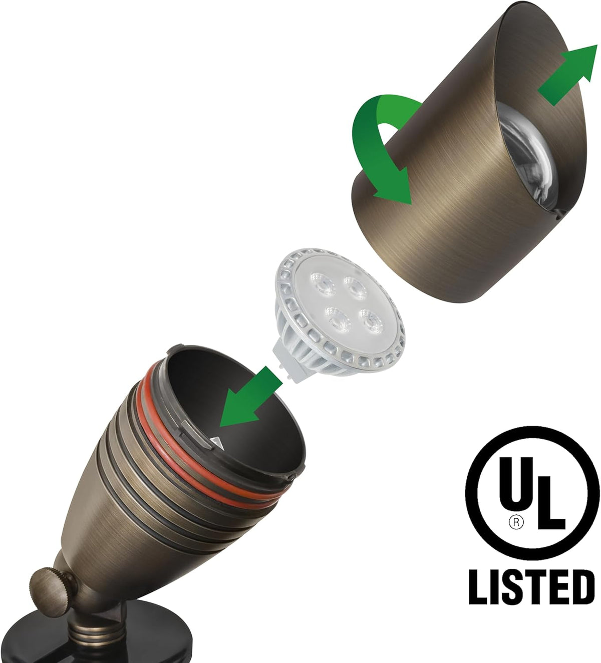 UL Listed Solid Brass Landscape Spotlight, Low Voltage Outdoor Directional Uplight, with 5W MR16 LED Bulb & Large Rugged Slot Spike, 12V AC/DC Garden Patio Spot Up Light (Pack of 3)