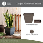 The HC Companies 8 Inch Eclipse Square Planter Pots with Drainage Holes & Attached Saucer, Lightweight UV-Resistant Plastic Indoor Outdoor Planters, 4-Pack Flower Pots, Garden Home Decor, Cappuccino