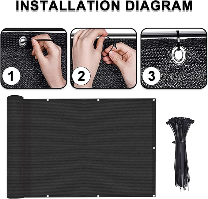 LOVE STORY 2.5' x 10' Black Balcony Screen Privacy Fence Cover UV Protection (HDPE) Weather-Resistant 3 FT Height Shield for Deck, Patio, Backyard, Outdoor Pool, Porch, Railing