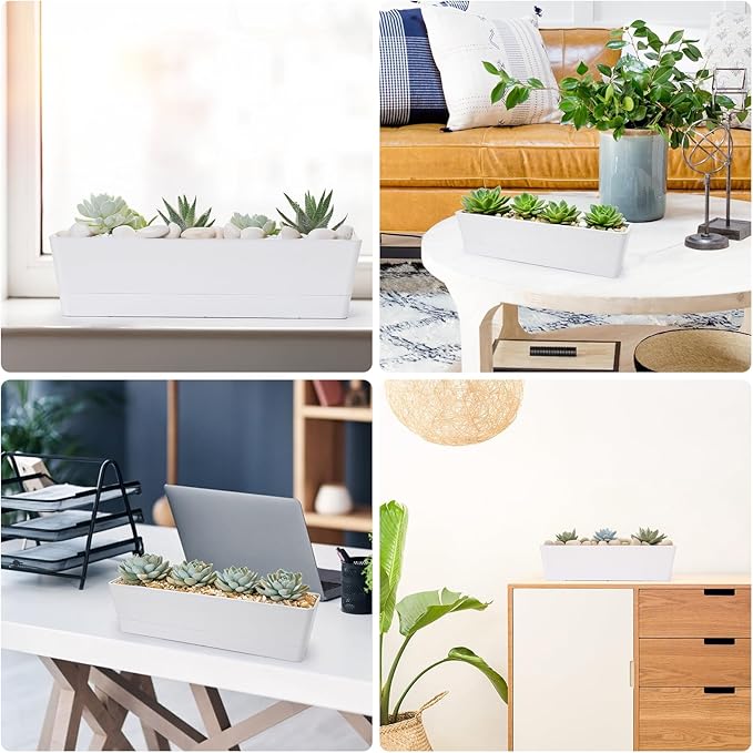 GREANER Long Window Boxes Planters, 6 Pack 16x3.8 Inch Vegetable Box Pot with Tray, Indoor Succulent Cactus Flowers Plastic Rectangle Pot for Balcony, Office, Garden, Outdoor, Windowsill - White