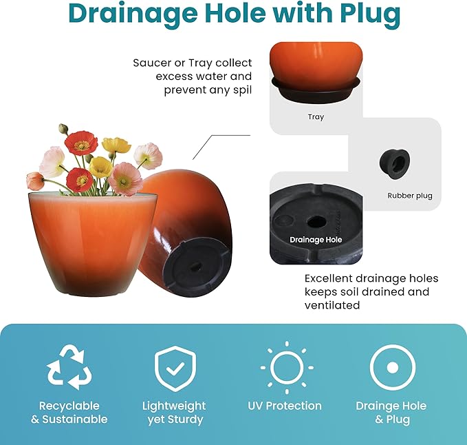 Plant Pots for Indoor Outdoor Plants, Pack of 4 Plastic Flower Pots with Drainage Holes and Saucers, 8 Inch Glazed Planters for Indoor Plants Office Home Decor (Orange, 4pcs)