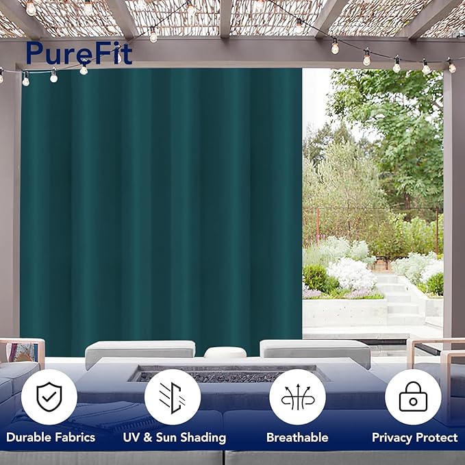 PureFit Outdoor Curtains for Patio Waterproof Weatherproof, UV and Fade Resistant Outside Curtains for Gazebo, Front Porch, Pergola, Sun Blocking Privacy Curtain, 100W x 84L inch, 1 Panel, Teal