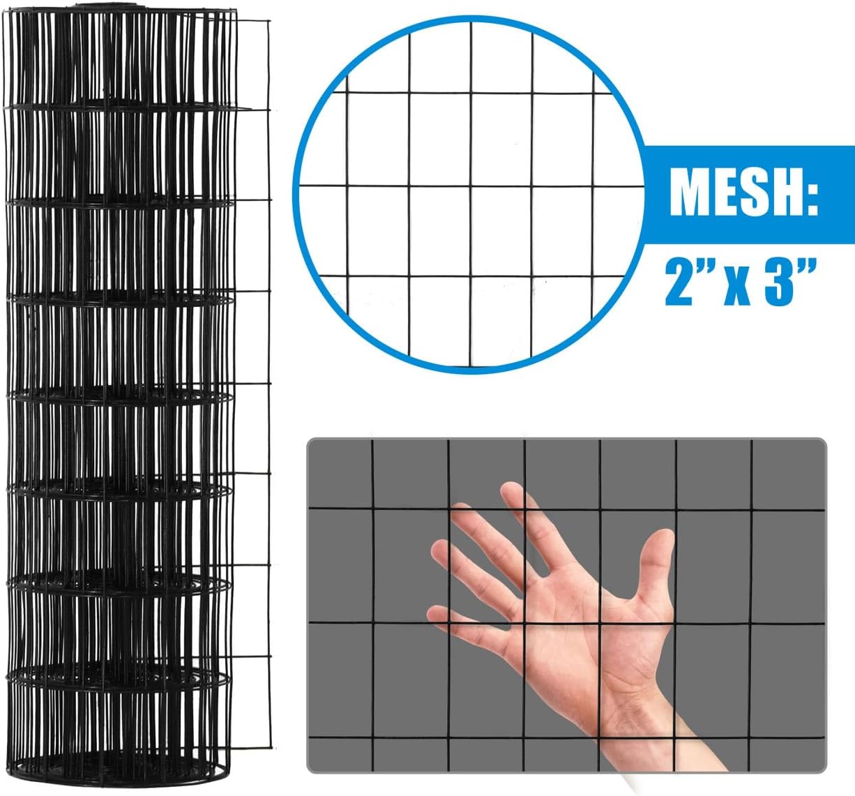 Fencer Wire Vinyl Coated 16 Gauge Welded Fence Wire Roll, Mesh Size 2-Inch x 3-Inch, Black Metal Garden Fencing Wire Grid Hardware Cloth, Multiple Use for Home Improvement
