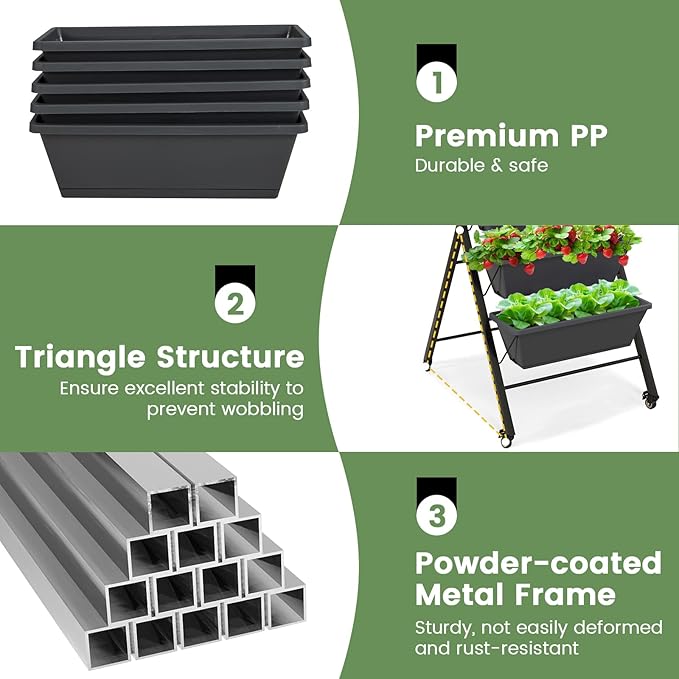 Giantex Set of 2 Vertical Raised Garden Bed on Wheels, Elevated Planter Raised Beds with Water Drainage, Freestanding 5 Container Boxes for Vegetables and Flowers Growing, Outdoor Indoor Patio Balcony