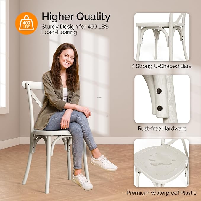 VINGLI Plastic Outdoor Dining Chairs Set of 2, Stackable Patio Cream White Dining Chairs with X Back, Waterproof Kitchen & Dining Room Chairs for Indoor-Outdoor, Capacity 400 lbs