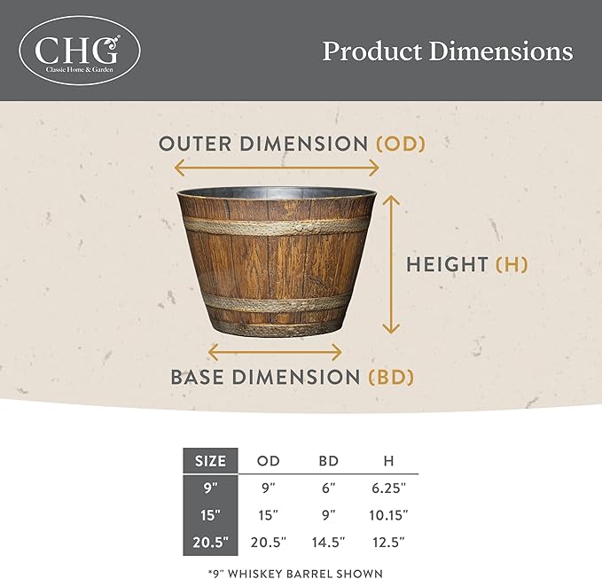 Classic Home & Garden Whiskey Barrel Planters - Wooden Finish Flower Planter Pot - Decorative Garden Pots - Indoor & Outdoor Resin Planters - Weather-Resistant Planting Pots (15” Oak Brown, Pack Of 1)