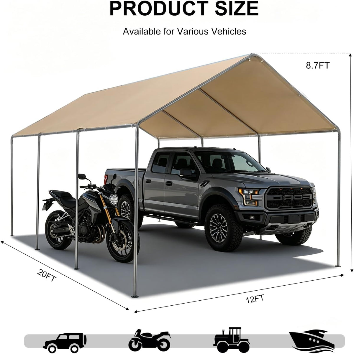 carport, 12x20ft heavy duty portable garage, car port, close-up detail