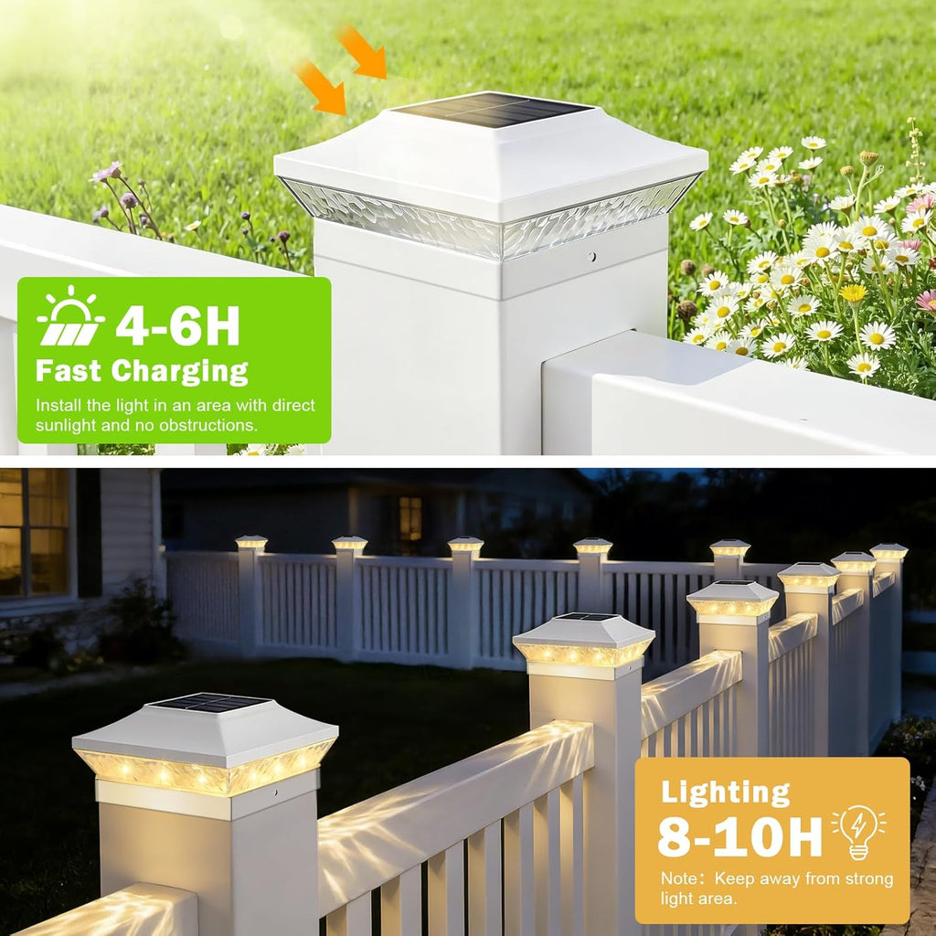 4x4 3.5x3.5 Solar Post Cap Lights 12-Pack White | 16LEDs, 2 Modes (Warm/Cool White), for Wooden/Vinyl Posts, IP65 Waterproof, Outdoor, for Fence, Deck, Patio, Yard, Porch